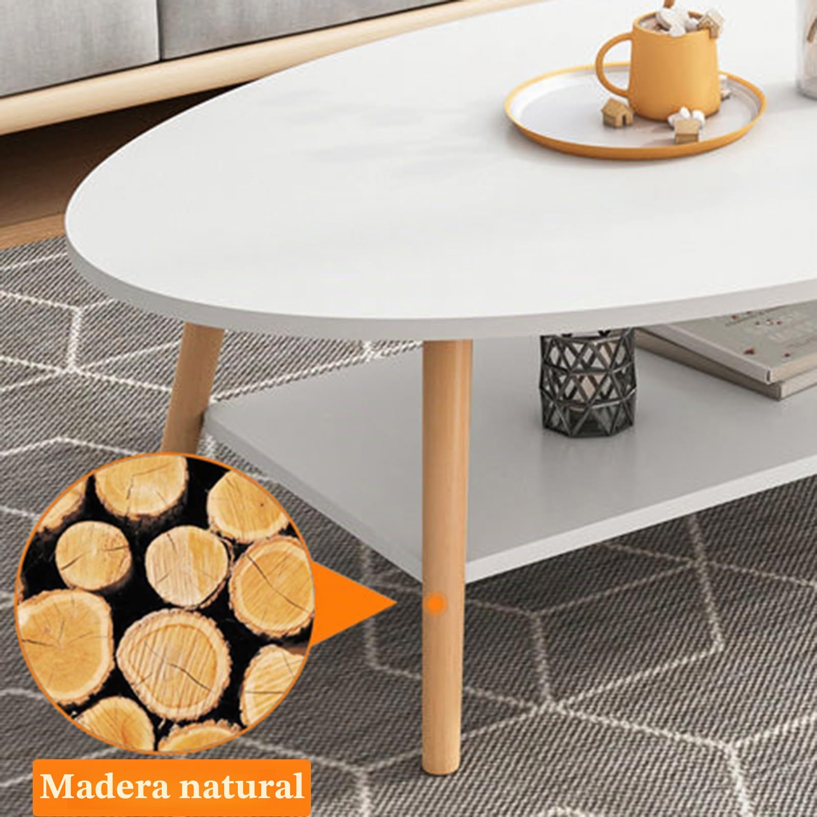 mesa de Centro Oval Moderna, Doble Capa de Madera con Estante, Grosor de la Tabla 15 mm, Blanco, Patas de Pino para Salón y Apartamento (100x40x40)