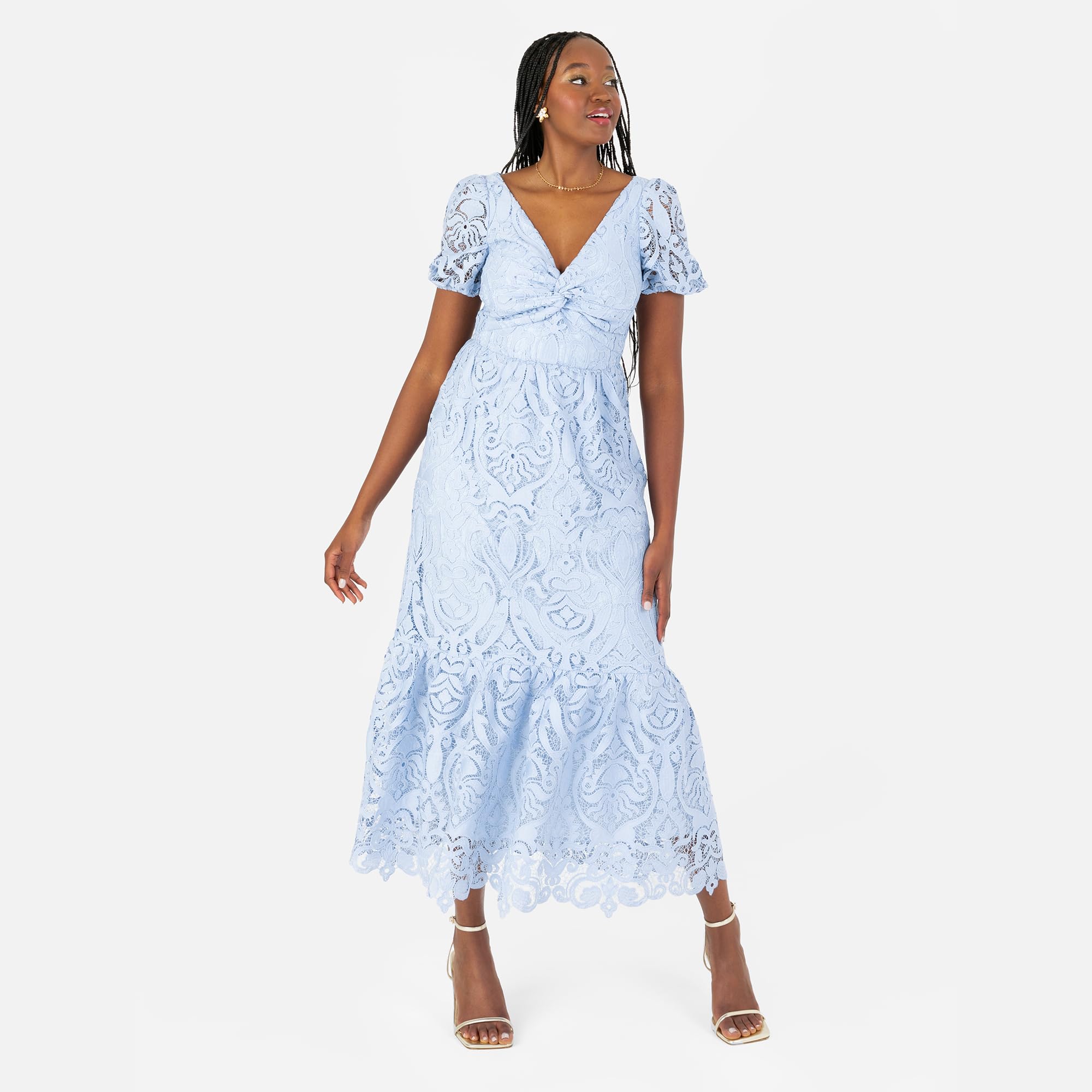 Maya Deluxe Damska Sukienka Damska Midi z Dekoltem w Serek, Krótki Rękaw, Koronka, Linia A-line Wedding Guest Occasion Dress, Cornflower Blue, 52