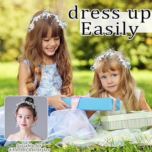 Miniatura 6 de Aohcae Princess Flower Girl Headpiece Flower Girl Crystal Hair Accessories Communion Wedding Rhinestone Pearl Headband for Girls and Women Cute