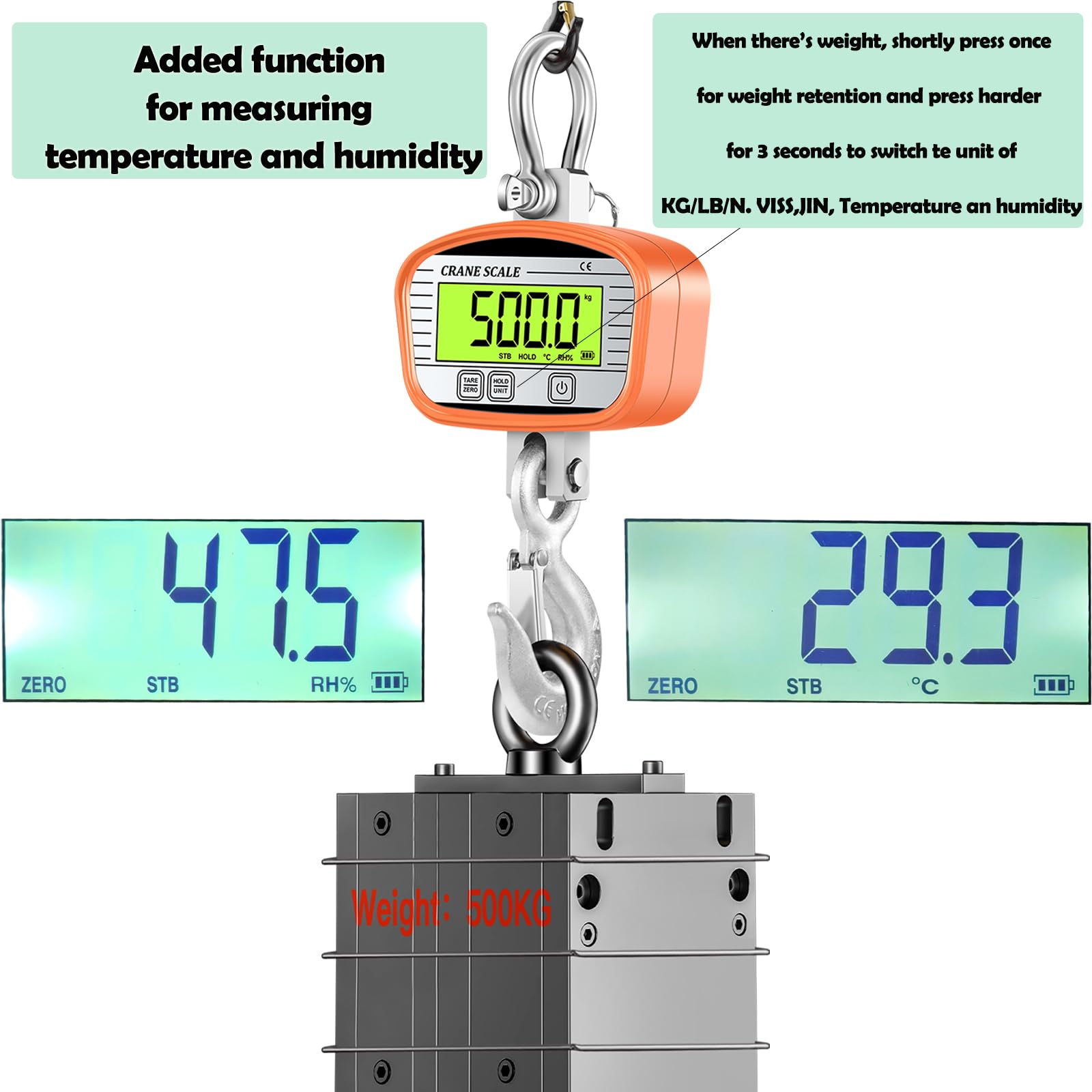 2 Tonne 2000 kg Kranwaage Zur Feuchtigkeits- und Temperaturmessfunktion Kranwaage aus Aluminiumlegierungmit Haken Wiederaufladbares Modell (orange)