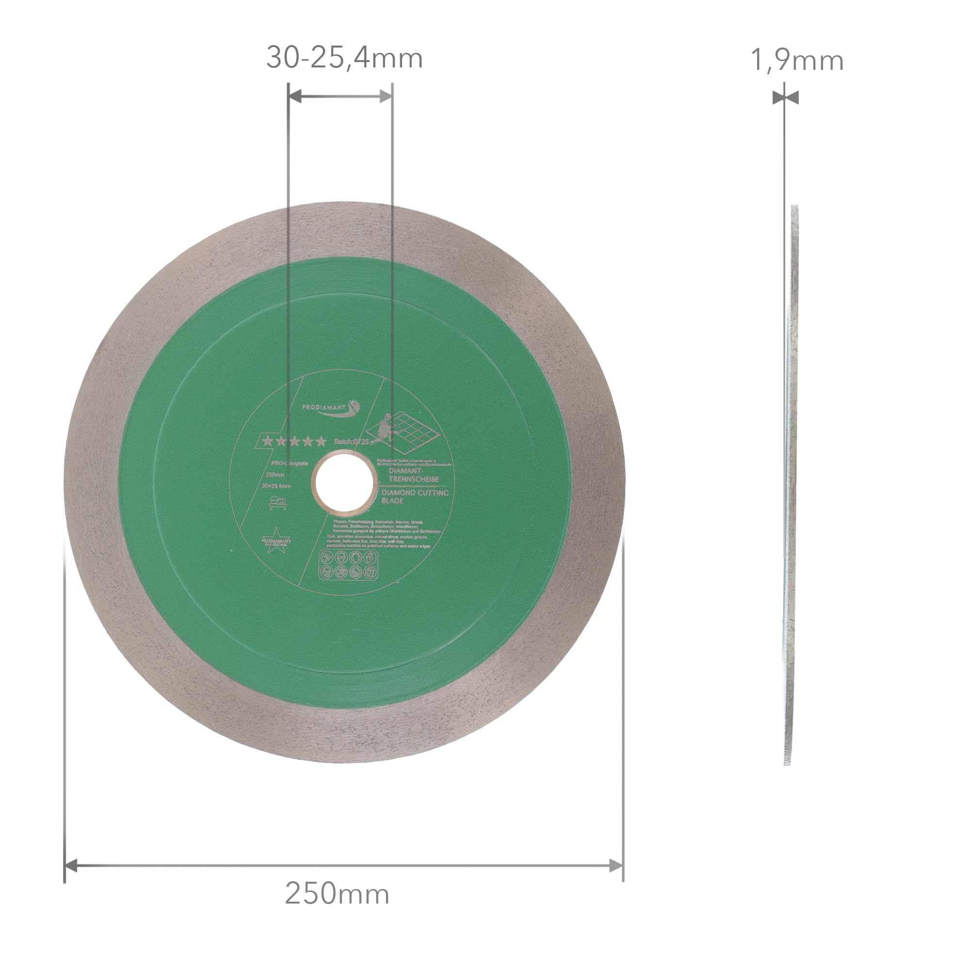 PRODIAMANT PRO-Complete Disco de corte diamantado 250mm x 30/25,4 mm - segmento sándwich 25 mm, para azulejos, gres porcelánico, cerámica y piedra natural