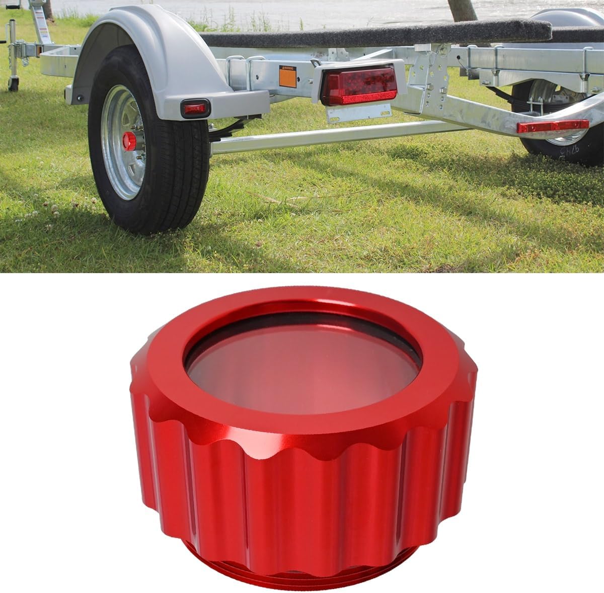 Canitu Oil Bath Hub Cap for EZ-LOADER, 2.11" (2-1/16") O.D. Threaded Aluminum Oil Bath Cap with O-Ring Fits 10" 5 LUG hubs and drums (Red)