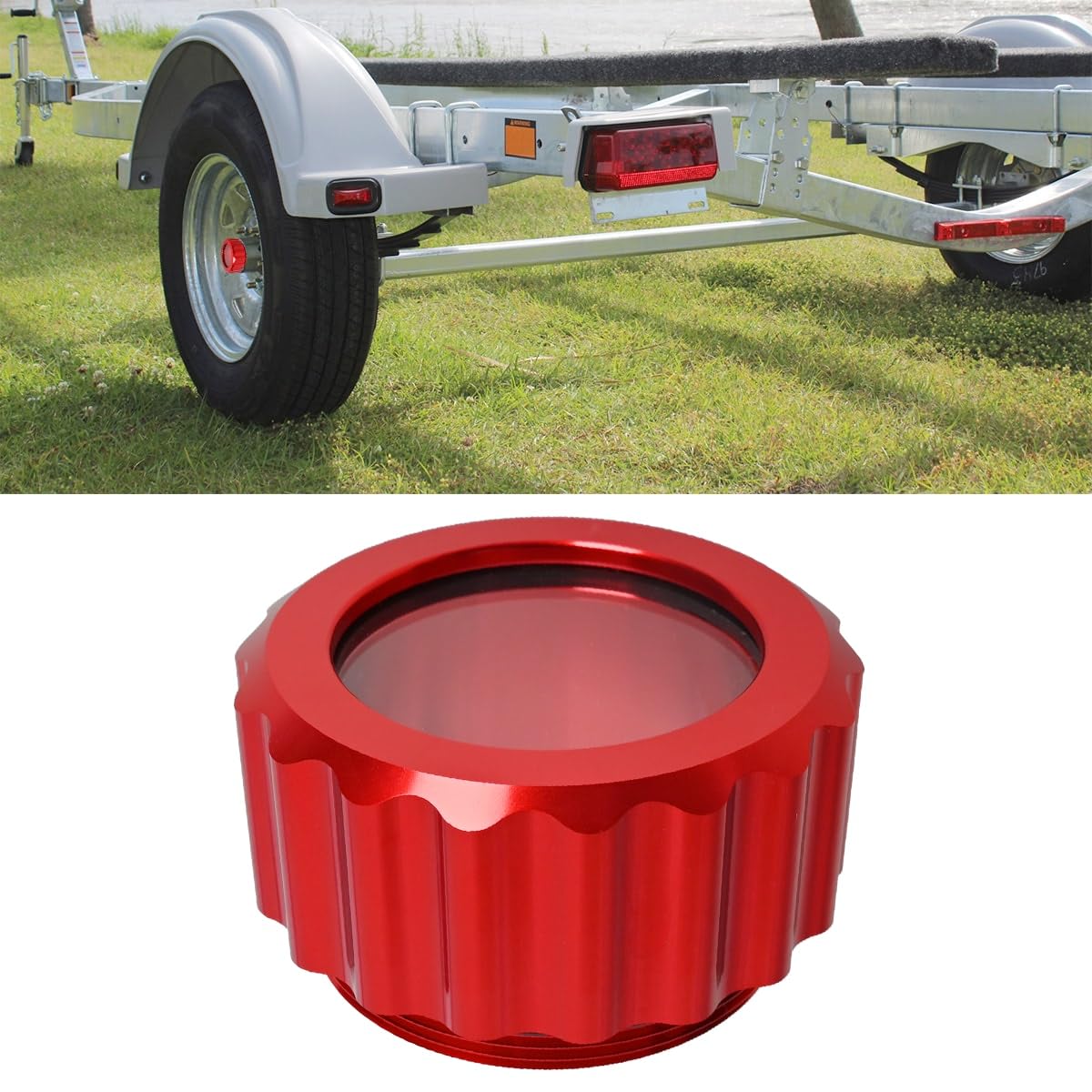 Canitu Oil Bath Hub Cap for EZ-LOADER, 2.11" (2-1/16") O.D. Threaded Aluminum Oil Bath Cap with O-Ring Fits 10" 5 LUG hubs and drums (Red)