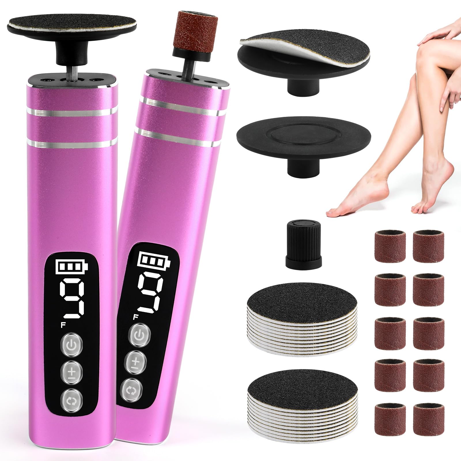 Electric Foot File Cordless, 2 in 1 Electric Foot Callus Remover, Adjustable 9 Speed Rechargeable Pedicure Foot Filer with LED Display, Replaceable Sandpaper Discs & Nail Bands (Pink)-image-20