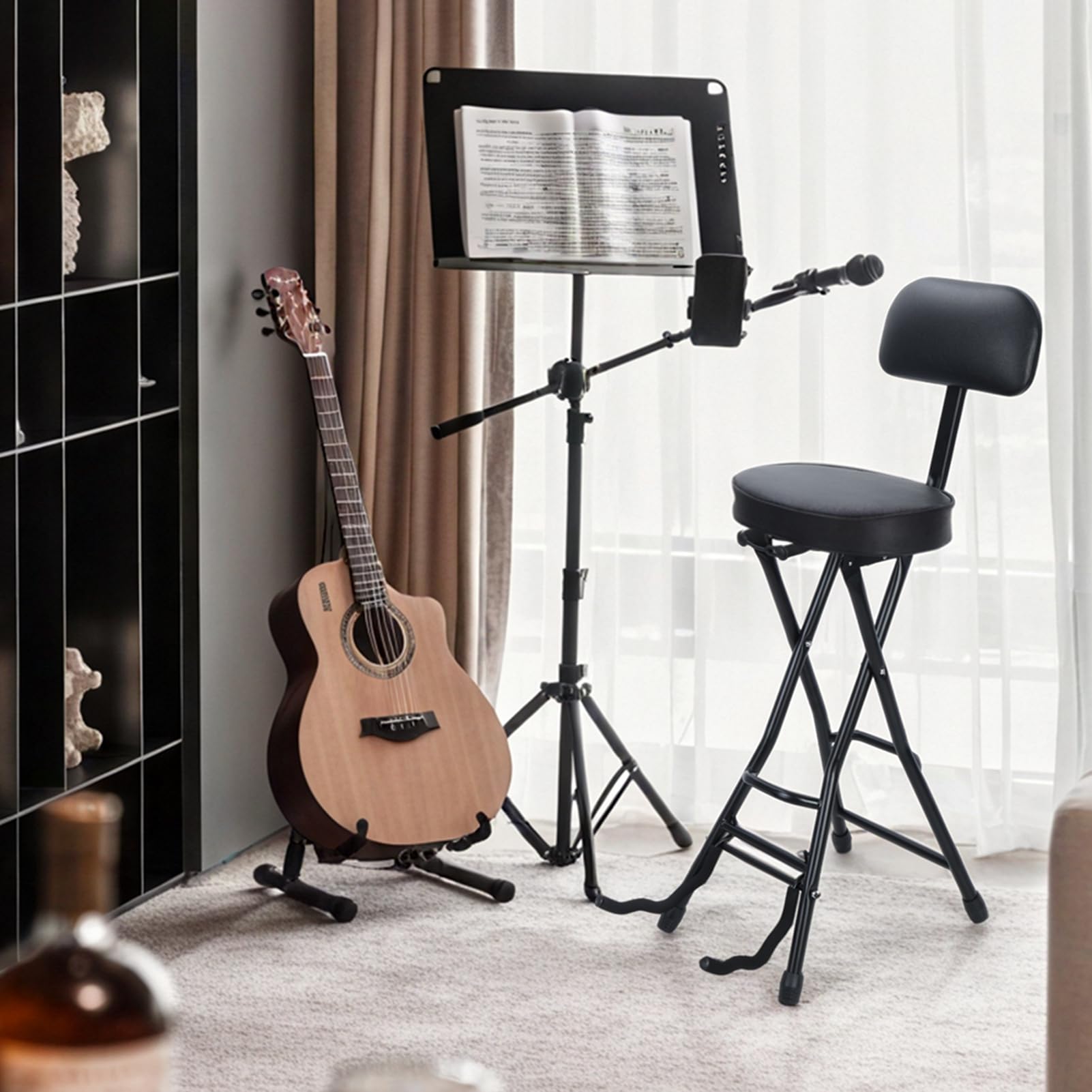 Guitar Stool, Guitar Stools for Adults, Guitars Chair with Plush Padded Cushion &amp; Ergonomic Backrest, Folding Chair Integrated with Guitars Stand, for Adults, Rehearsals, Performances, Home Practice