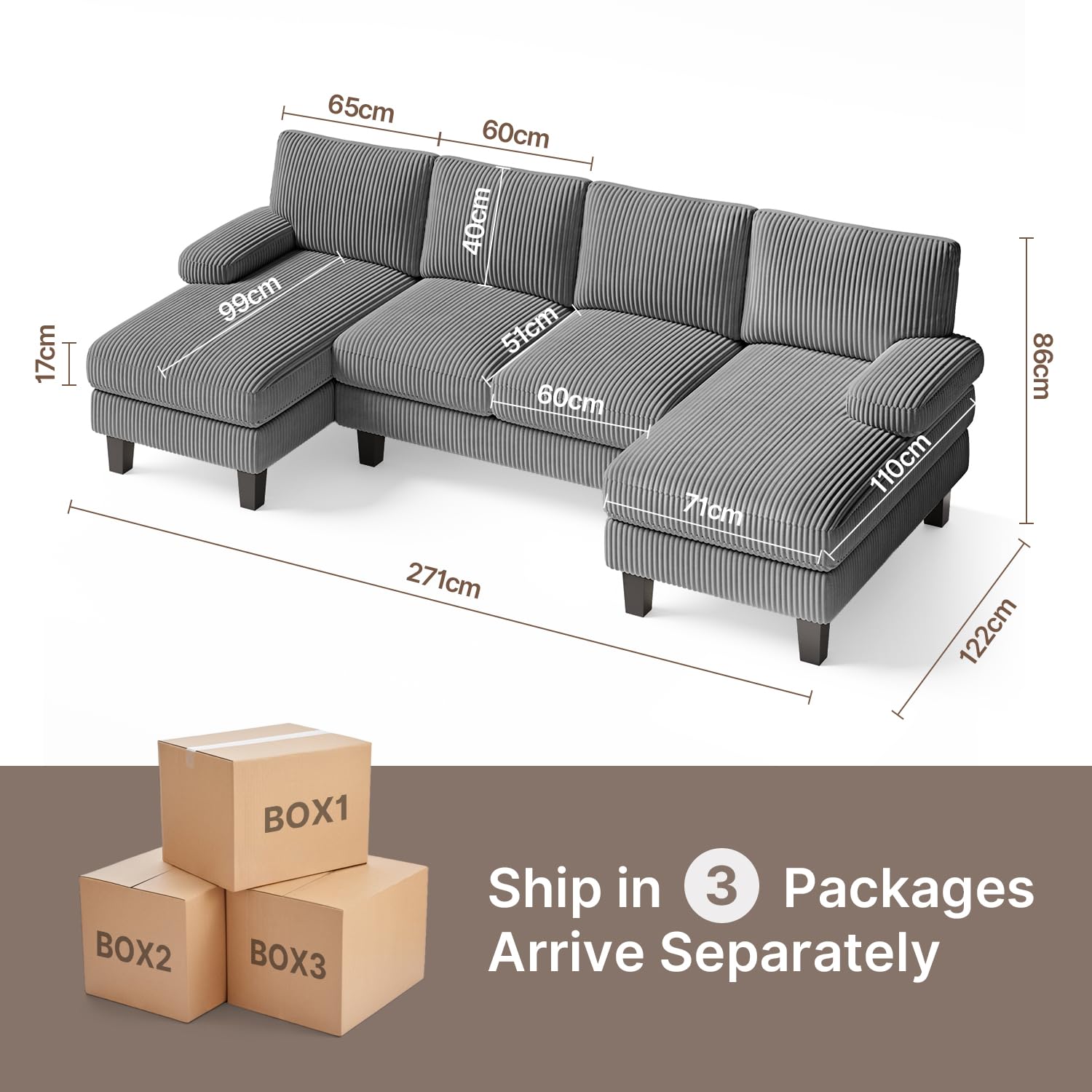 Xbro Sofa 4-osobowa w kształcie U, duża sofa rogowa do salonu, z materiałem sztruksowym, ciemnoszary, wymiary 270 x 122 x 86 cm