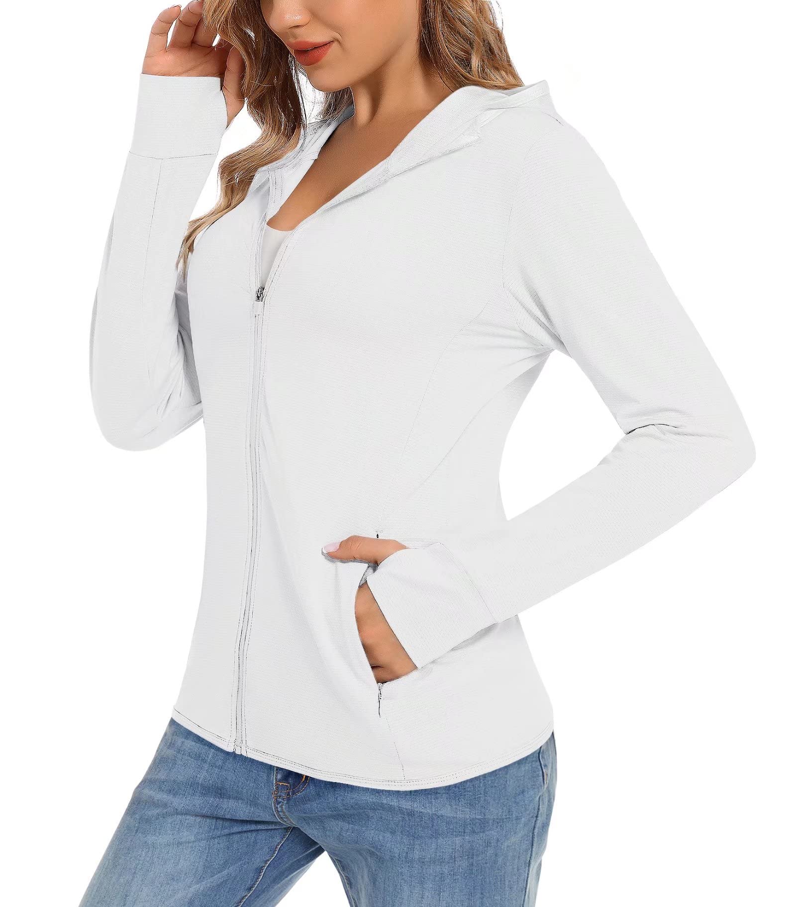 TACVASEN Damen UV Shirt Kapuze Jacke Langarm Laufshirt Schnelltrocknend Sportshirt Full Zip Sun Hoodie mit Daumenloch