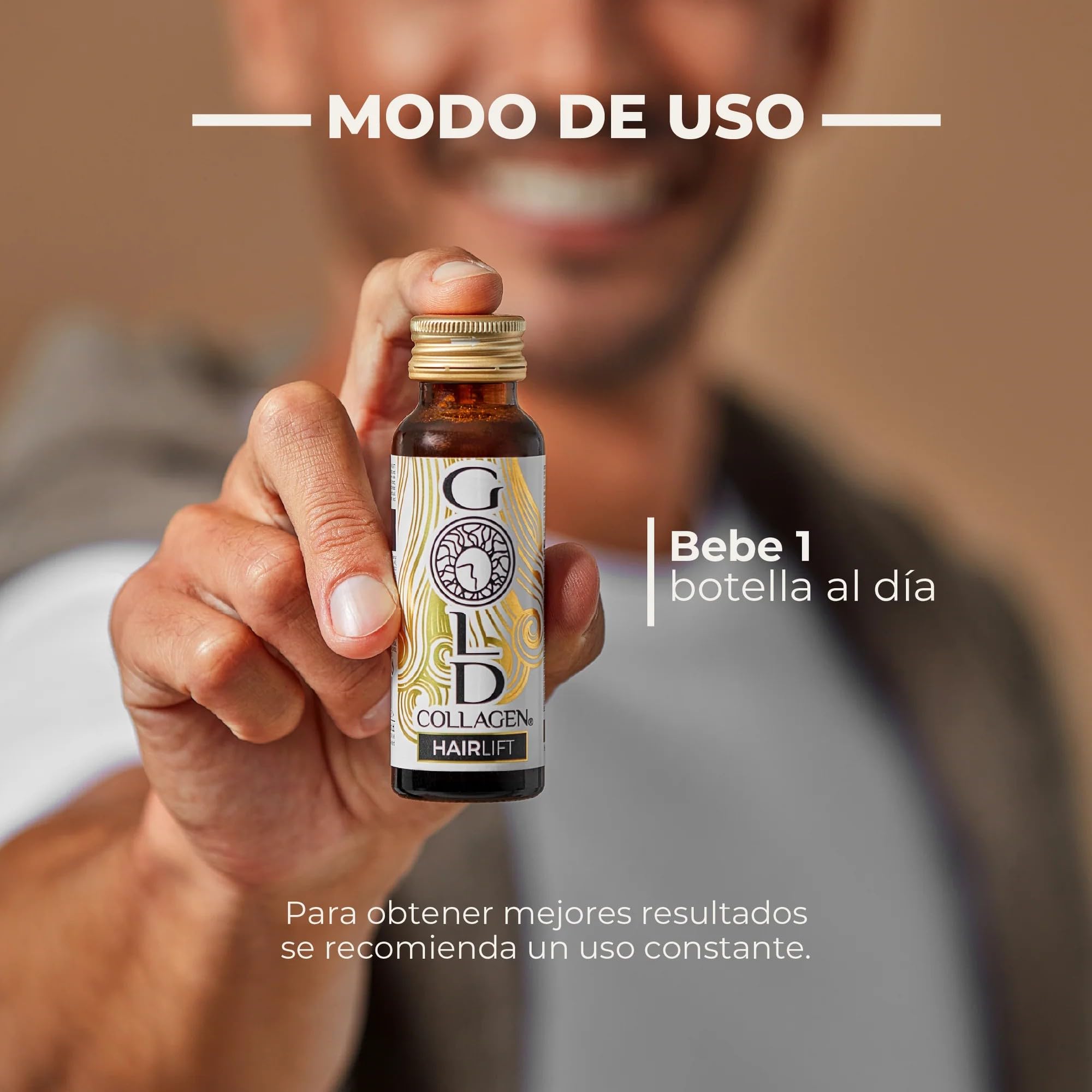 GOLD COLLAGEN Hairlift - Complemento Líquido Colágeno Marino Hidrolizado con Ácido Hialurónico, Biotina para el Cabello, Vitamina C B6, Zinc, Keratina, Fortalece Cabello Piel y Uñas 10 Botellitas 50ml