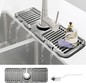 Daily Treasures 15.7"x4.7" Silicone Faucet Splash Guard with Brush, 5 Large Slope Sink Splash Guard, Sink Splash Guard Mat Kitchen Sink Splash Guard for Bashroom Kitchen Sink Grew