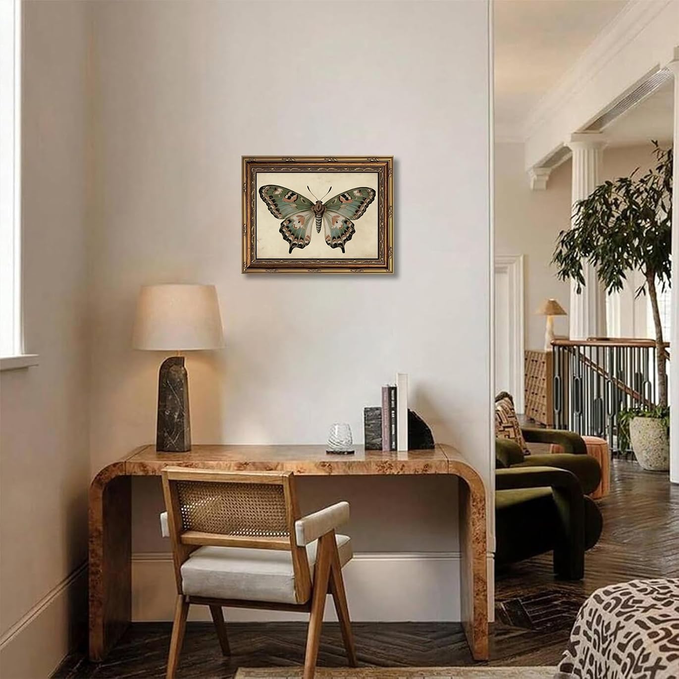 Dougepce 3D Texture Oil Painting,Vintage Gold Framed Butterfly Canvas Wall Art,Retro Butterfly Illustration Room Decor,Dark Moody Insect Picture,Antique Moth Artwork for Walls Bedroom 16''Lx12''W