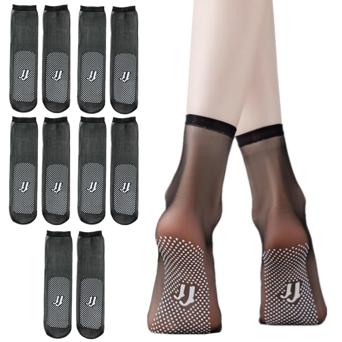 TouKingda 5 Pairs Sheer Ankle High Pop Socks for Women, Ultrathin Invisible Crystal Silk Sock, Anti-slip Bottom Silky Breathable Hosier Summer Nylon Socks Match with Heel Sneaker Skirt Dress (Black)