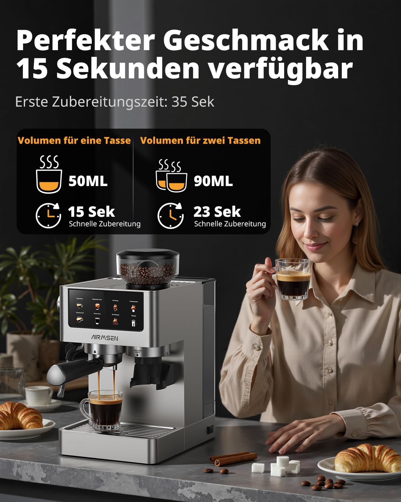 AIRMSEN Siebträgermaschine Espressomaschine 20 Bar Edelstahl 1,8L Wassertank Cold Brew Americano