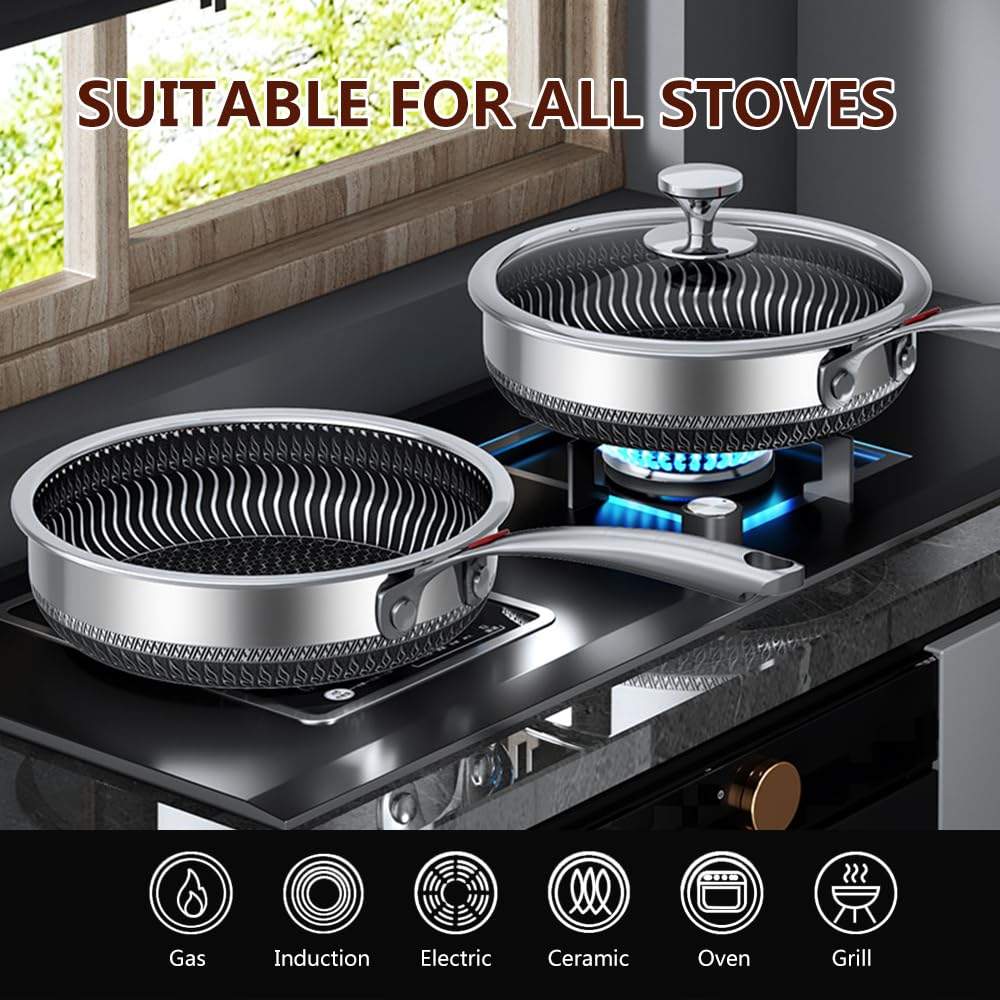 10", Non Stick Frying Pans 12 inch Stainless Steel Frying Pan with Lid Scratch-Resistant Coating Skillets Dishwasher & Oven Safe Induction Compatible Cookware/11"