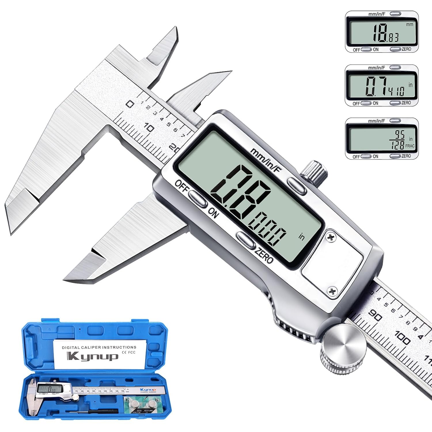 Kynup Digital Caliper, Caliper Measuring Tool, Micrometer Dial Vernier Caliper Digital, Full Turn Off, Stainless Steel, Switch from Inch Metric Fraction (6Inch/150MM)