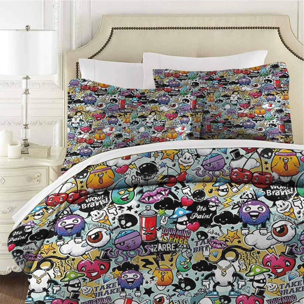 Buy 1 get 1 Cartoon Decor Bedding 3-Piece California King Bed Sheets Set, Graffiti Creatures with Spray Tanks Animals and Quotations Colored Image (1 duvet cover + 2 pillowcases) Printed bedding Multicolor