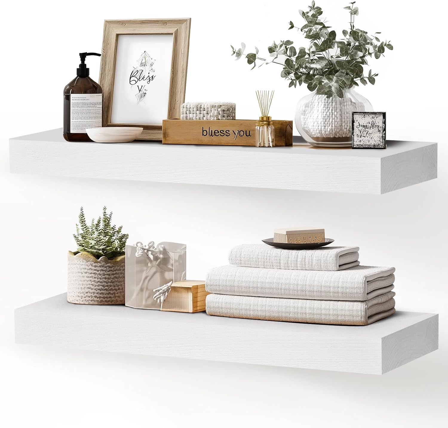 24x8x1.6 inch Floating Shelves Set of 2 – Solid Wood Rustic White Wall Mounted Shelf for Kitchen, Bathroom, Living Room White 24x8x1.6