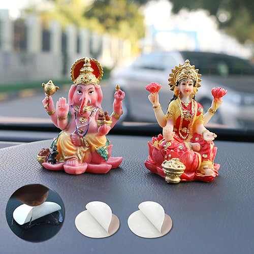 Estatua de Dios indio Ganesh Lakshmi – 2.5 pulgadas de alto Dios hindú Señor Ganesha ídolo para decoración de coche, figura de diosa Laxmi para