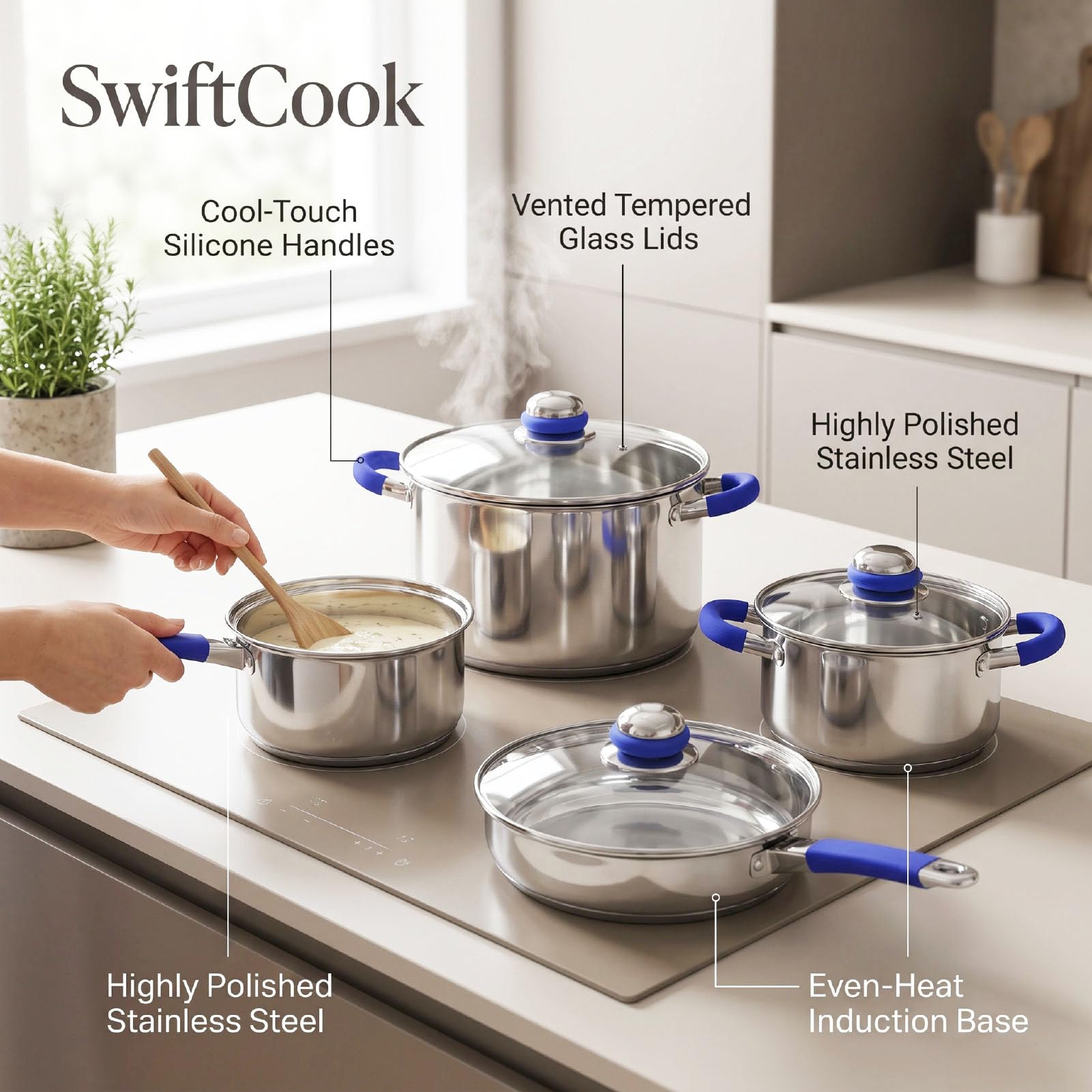 SUNGOOYUE Juego de Ollas de Acero Inoxidable Juego de Utensilios de Cocina de Acero Inoxidable 6 Ollas Base de Triple Capa, Cacerolas para Estufas de Inducción Eléctricas de Gas Universales (BLUE)