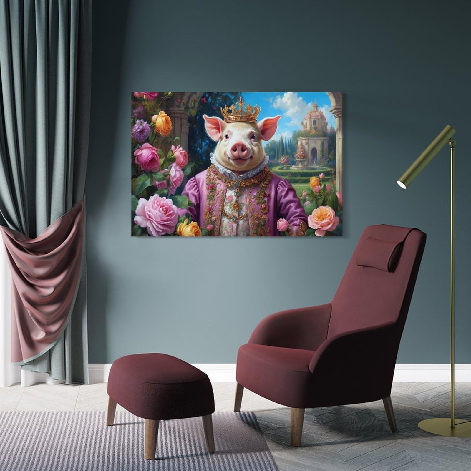 Junmoney Frame-Style-8-1 Regal Pig In Garden Setting Wall Decor Canvas Print 20X30inch(50X75cm), For Lounge, Study, Hallway Or Flat Walls, Decorative Artwork With Broad Appeal