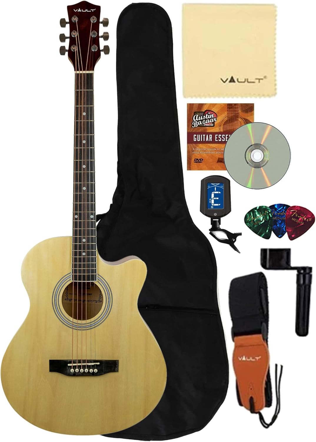 Vault EA-20 Full-Size Cutaway Acoustic Guitar - Natural Bundle with Gig Bag, Tuner, Picks, Strap, and String Winder