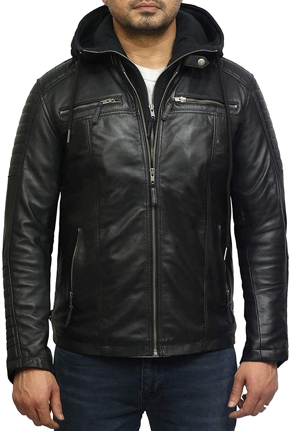 BRANDSLOCK Men Leather Jacket Sheepskin Leather Biker Jacket Timber Tan (S, Black 1)