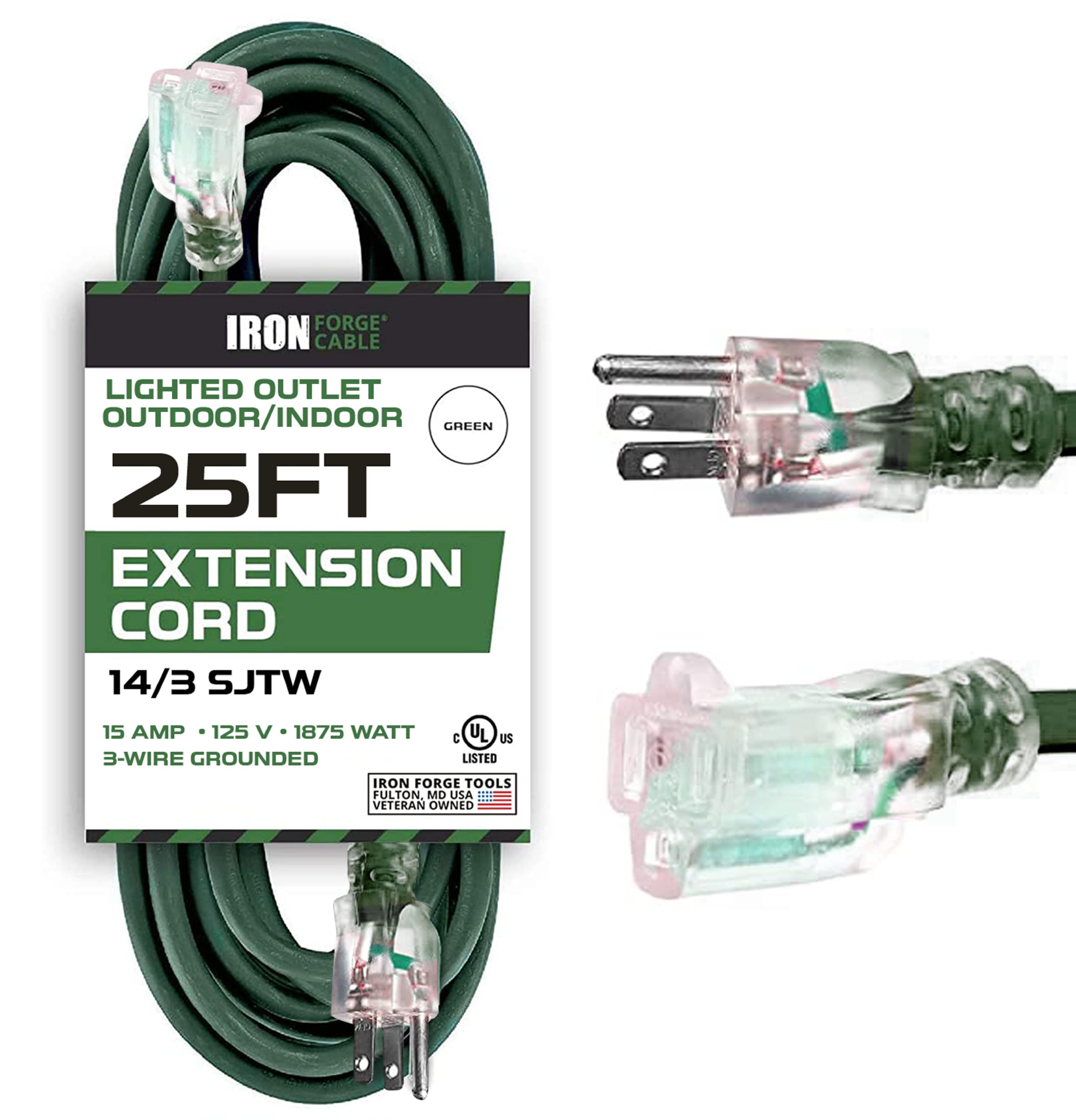 IRON FORGE Cable de extensión para exteriores de 25 pies – Calibre 14 15 amperios de alta resistencia – SJTW – ideal para electrodomésticos principales, herramientas eléctricas, suministros de jardín,