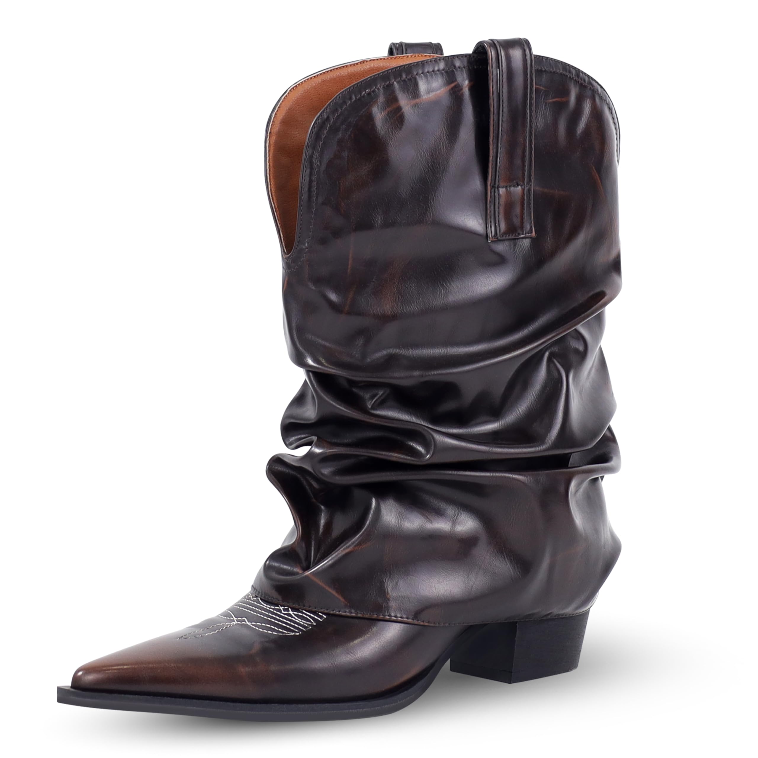 Fold Over Cowboy Boots for Women Mid-calf Cowgirl Boots with Pointed Toe Chunky Heel Slouchy Western Short Ankle