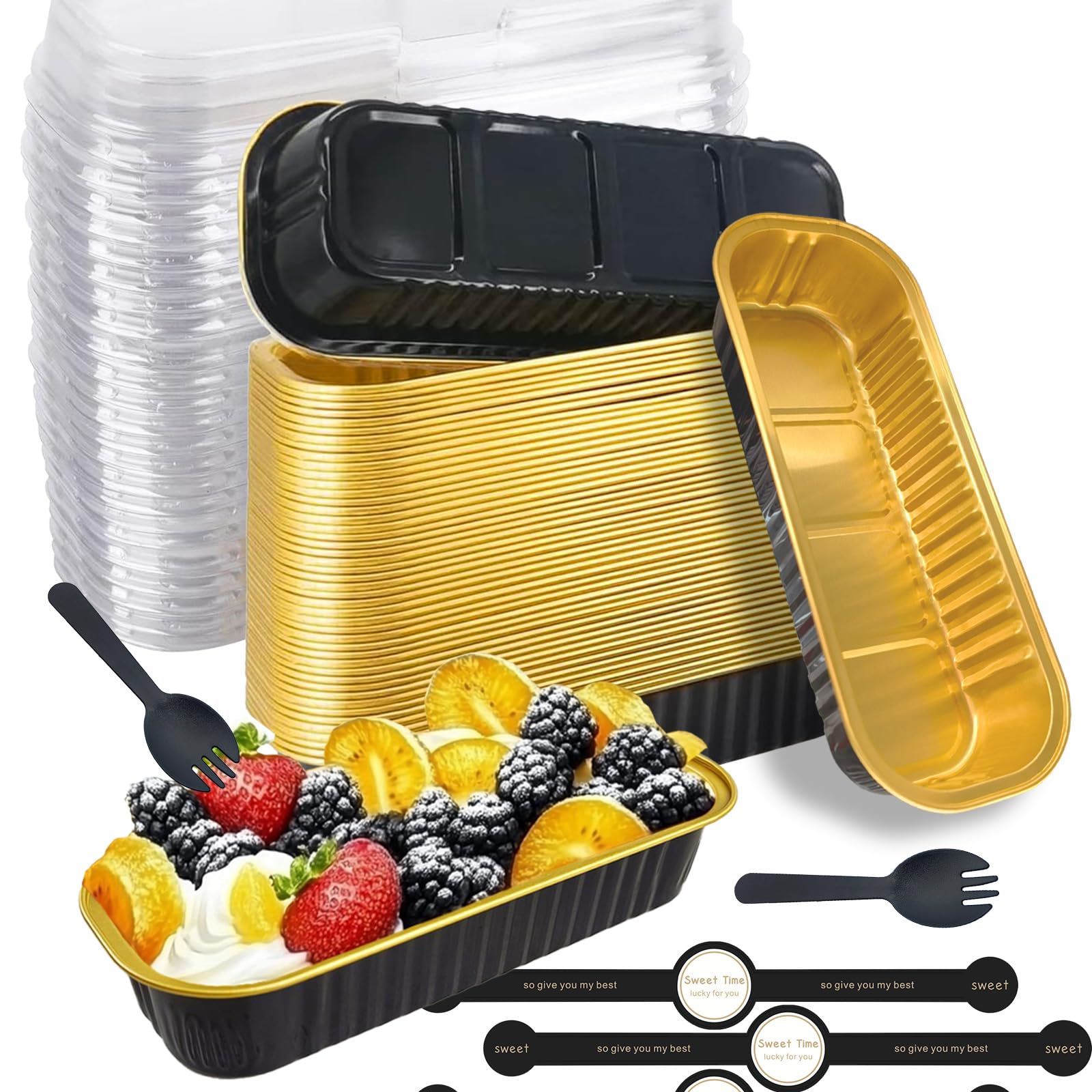 Junfete Mini Loaf Tins with Lids and Spoons 200ml Mini Loaf Cake Cases Cupcake Cases for Baking Aluminum Foil Baking Pans (50, Black)