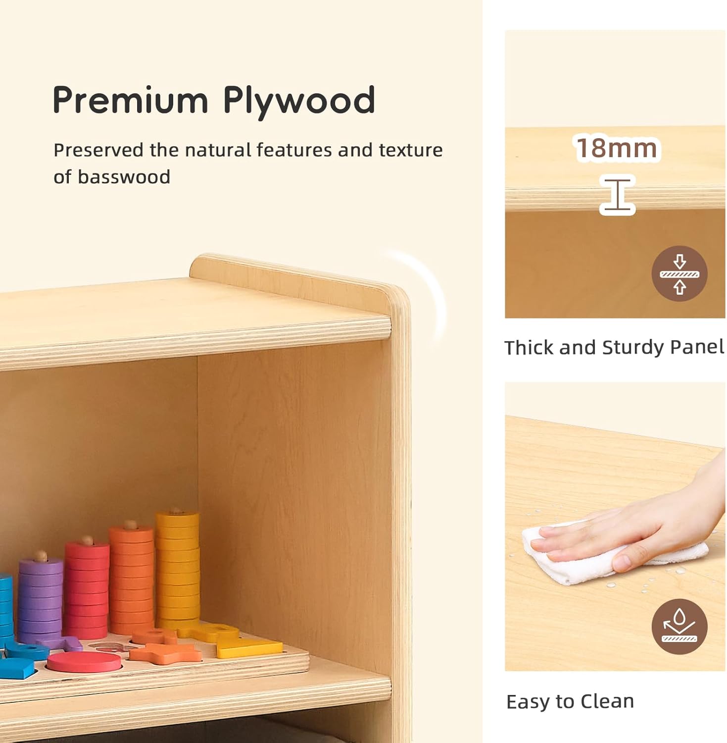 OOOK Montessori Toy Shelf, 35.4" H, 3-Tier Toy Storage Organizer with 8 Cubby, Wooden Storage Cabinet, Montessori Shelves for Playroom, Nursery, Daycare, Preschool, Classroom Furniture