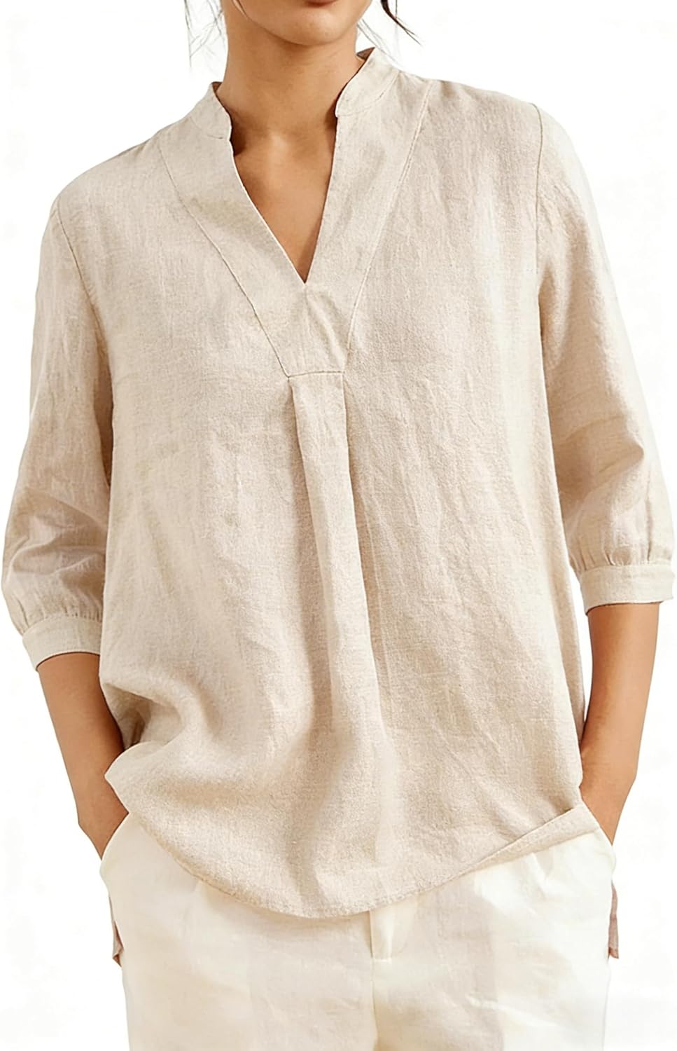 Women's 100% Linen Split Neck Blouse - 3/4 Puff Sleeve Loose Fit Summer Linen Top