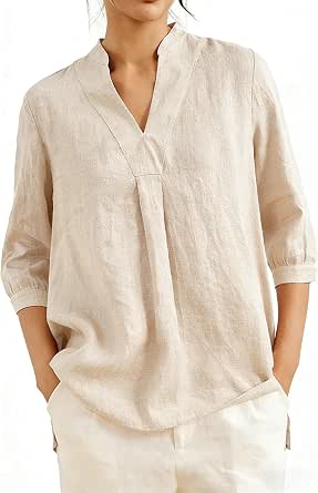 Women's 100% Linen Split Neck Blouse - 3/4 Puff Sleeve Loose Fit Summer Top
