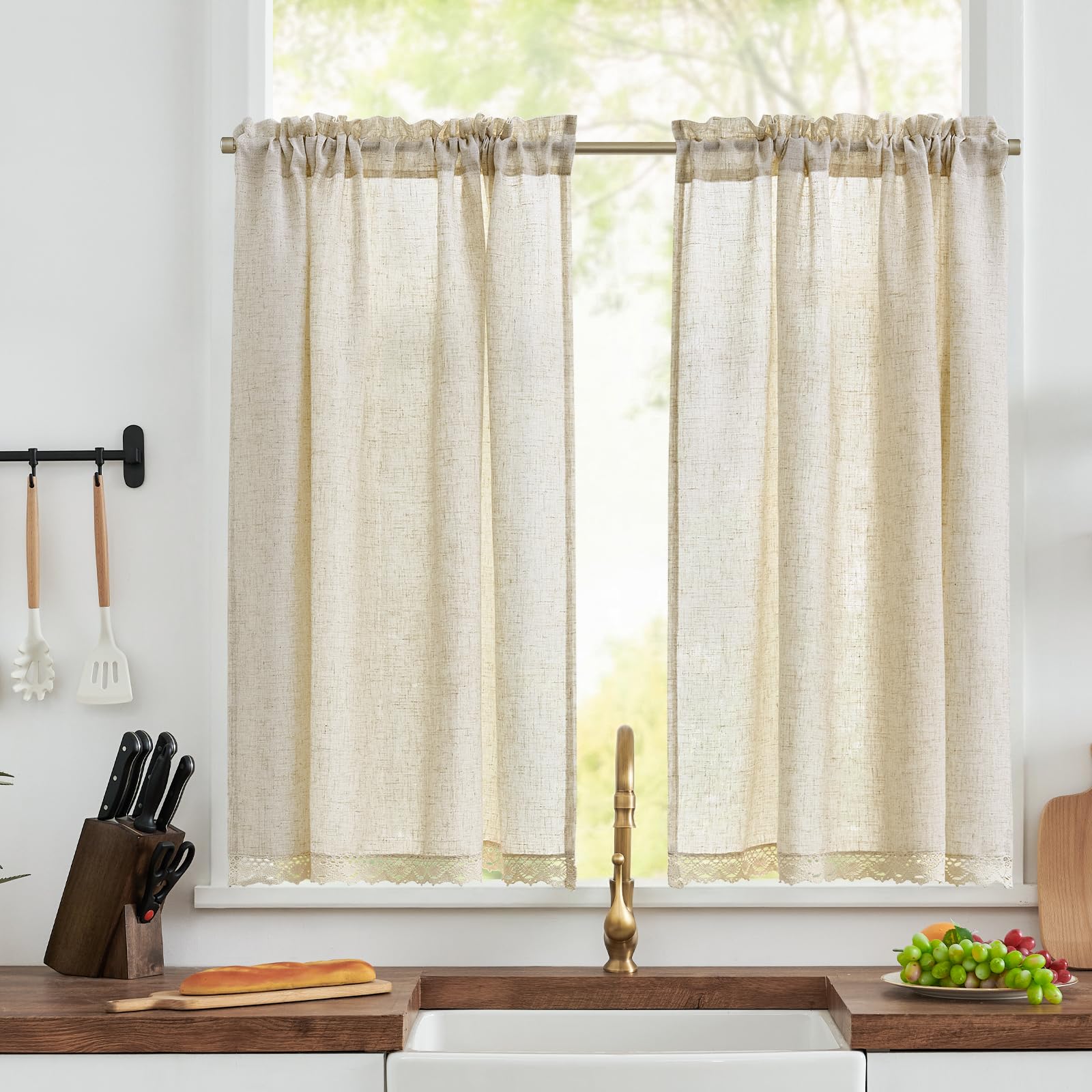 TOPICK Light Filtering Lace Privacy Kitchen Curtains 45 Inch Drop, Linen Look Rod Pocket Cafe Curtains, Half Window Tiers for Bathroom, Sink, Cupboard, Bedroom, 2 Panels, W36 x L45 Inch, Crude