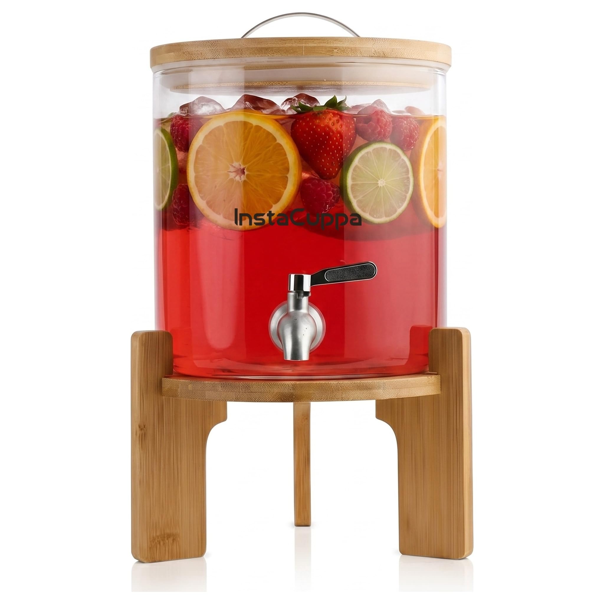 InstaCuppa 5L Glass Water Dispenser for Busy Moms | Inbuilt Thermometer Tap, Silicone Lid with Air Vent | Hot & Cold Drinks (Up to 50°C) | Juices, Infused Water | Bamboo Stand, Steel-image-12