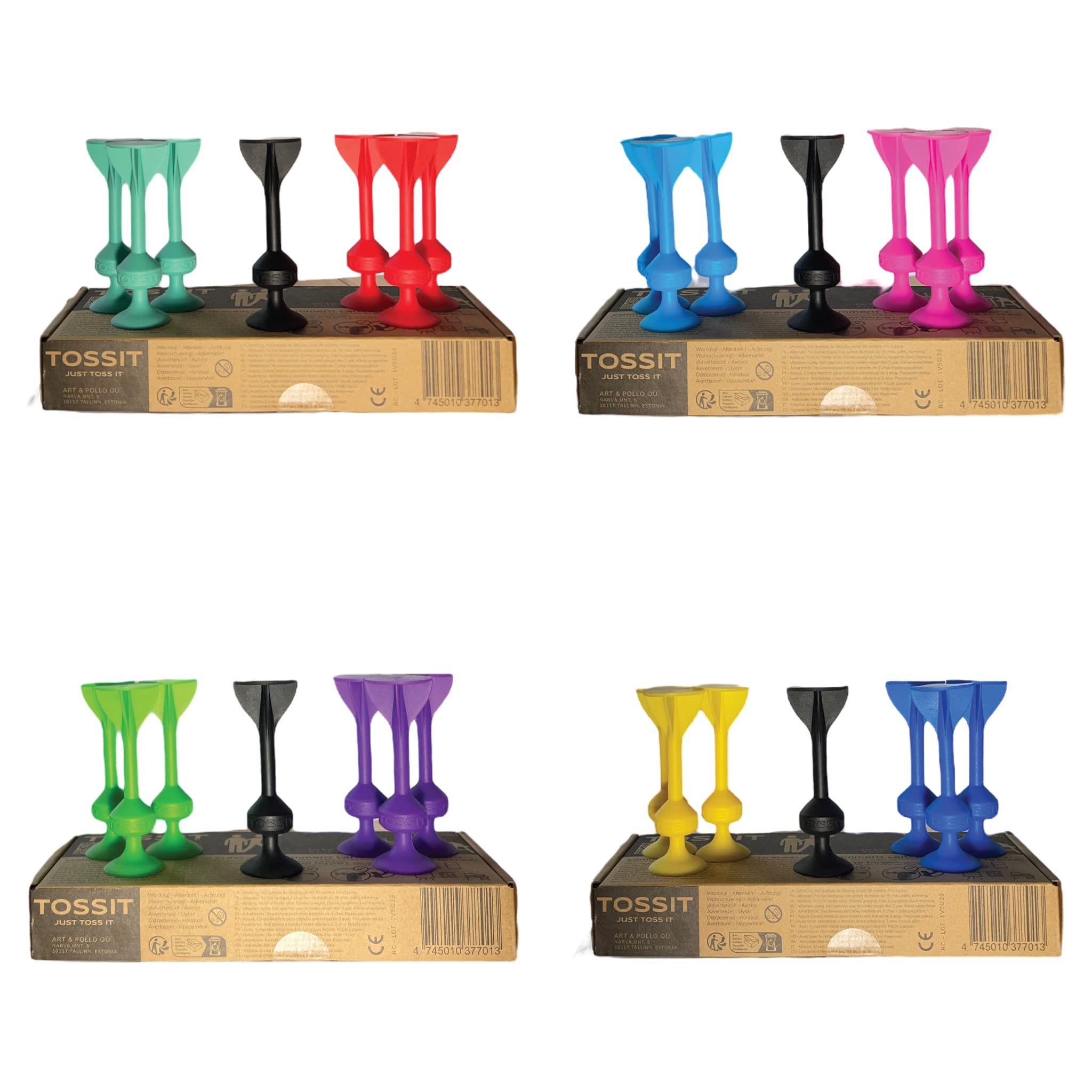 TOSSIT Game Set - Indoor, Outdoor Suction Cup Throwing Party Game - Family Friendly - Quad Pack, Red Cyan Pink Blue Purple Green Blue Yellow - Portable Fun that sucks!