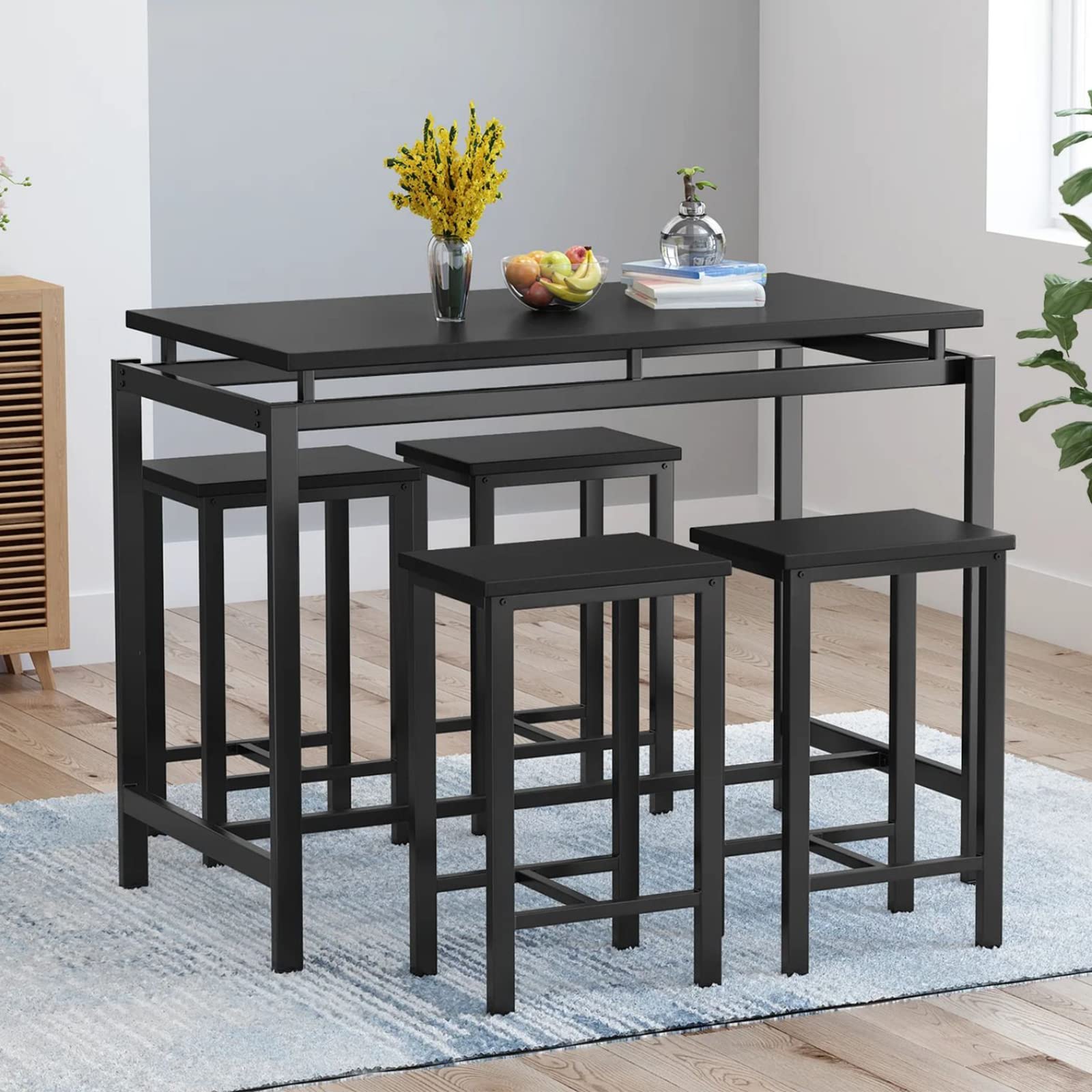 LinkRomat Dining Room Table Set, Bar Dining Table Set for 4, Industrial Kitchen Table with 4 Square Stools, 5 Piece Height Pub Dinner Table Set for 4, Bistro Table and Chairs for Small Spaces, Black