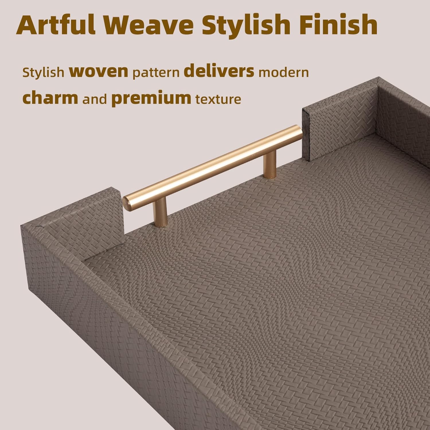 2 Piece Woven Leather Ottoman Tray with Gold Handles, Perfect Rectangular Serving Tray for Living Room, Coffee Table Tray as Thoughtful Gift for Home Decor Enthusiasts (Coffee Brown) - Image 5