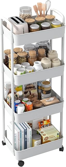 Sywhitta 4-tier Trolley on Wheels, Kitchen Storage Utility Cart, Rolling Storage Rack for Bedroom, Bathroom, Office, White