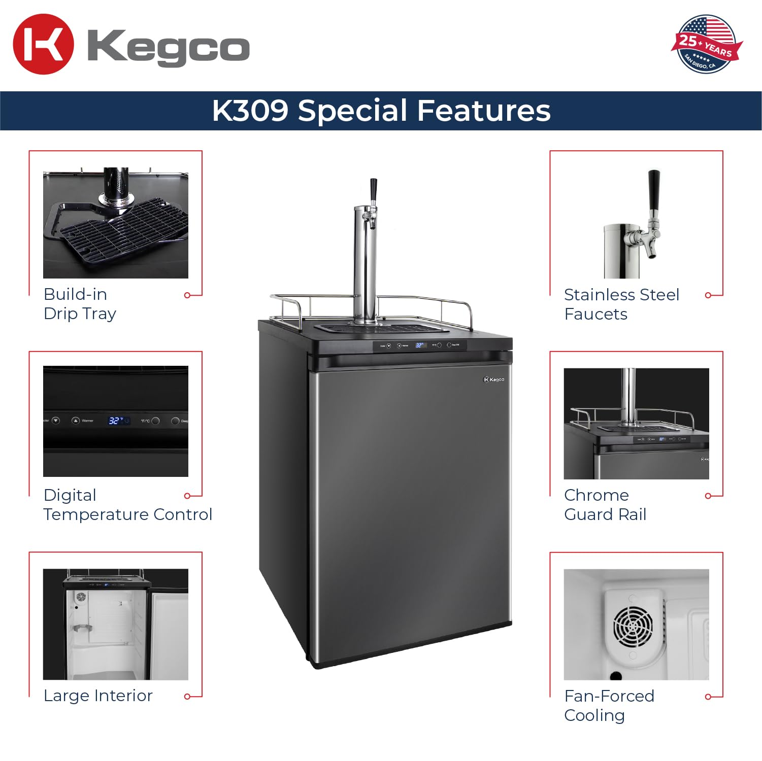 Kegco 3pk309x-1 Keg Dispenser, 1 Tap, Black Stainless Steel on Fridge.com - View 3