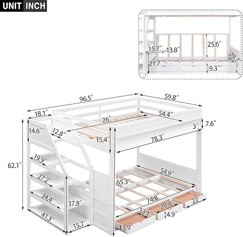 Miniatura 119 de Cama alta funcional tamaño individual con 2 cajones y 2 armarios, base de cama de madera maciza con barandilla de seguridad y escalera de