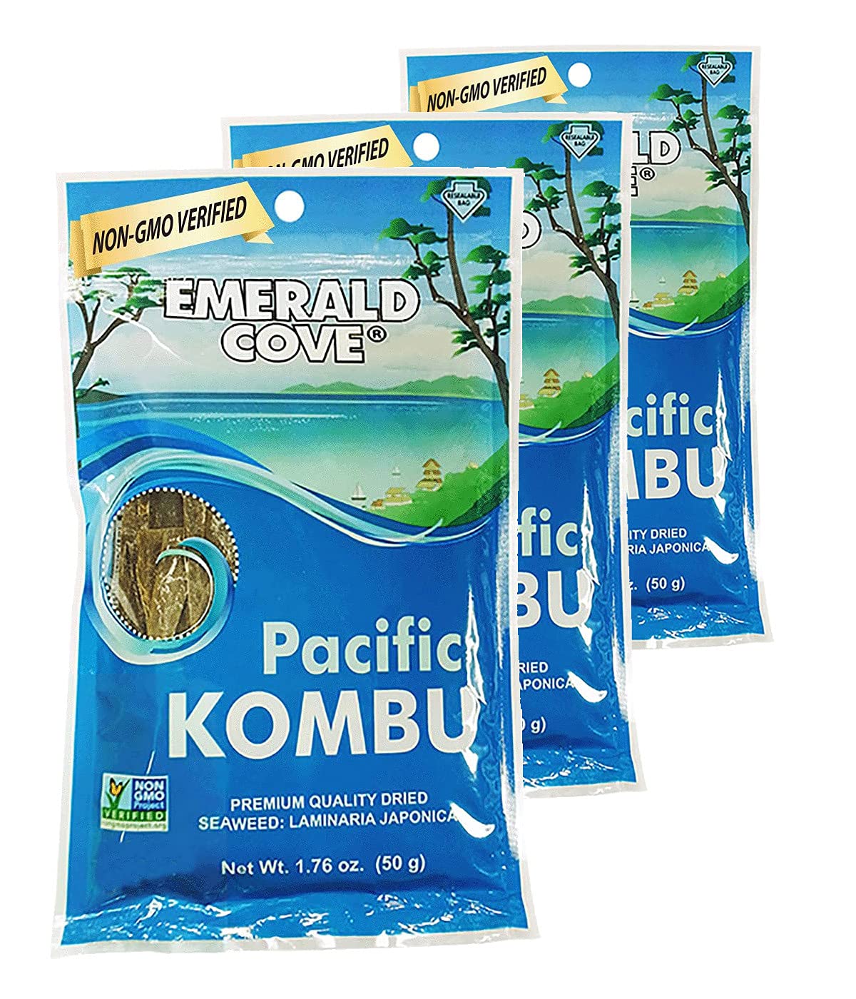 Emerald Cove Pacific Kombu, Non-GMO Dried Seaweed Pieces, Resealable Bag, 1.76 Ounce (3 pk)