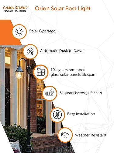 Miniatura 4 de GAMA Sonic Orion - Kit de luz solar para exteriores, de resina negra, estilo industrial, poste de aluminio fundido con luz blanca cálida 2700K