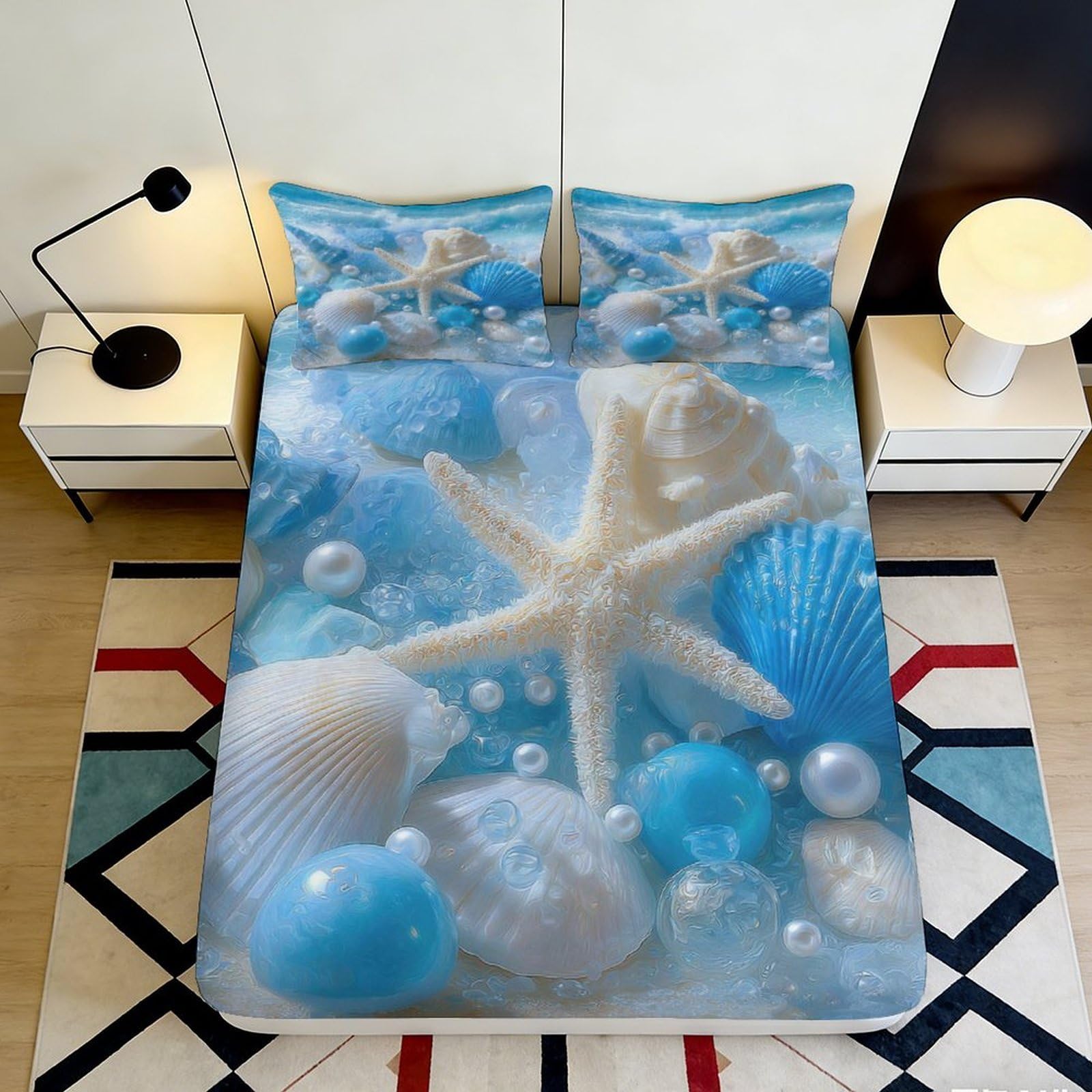 3D Printed Ocean Shell Fitted Sheet Microfiber Starfish Blue Mattress Cover Bedroom Decor Machine Washable 90x200x25cm