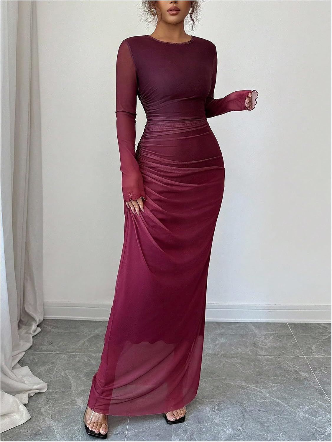 BEAUDRM Women's Fall Wedding Guest Dress Long Sleeve Cocktail Date Night Sexy Y2K Bodycon Ruched Mesh Formal Maxi Dresses
