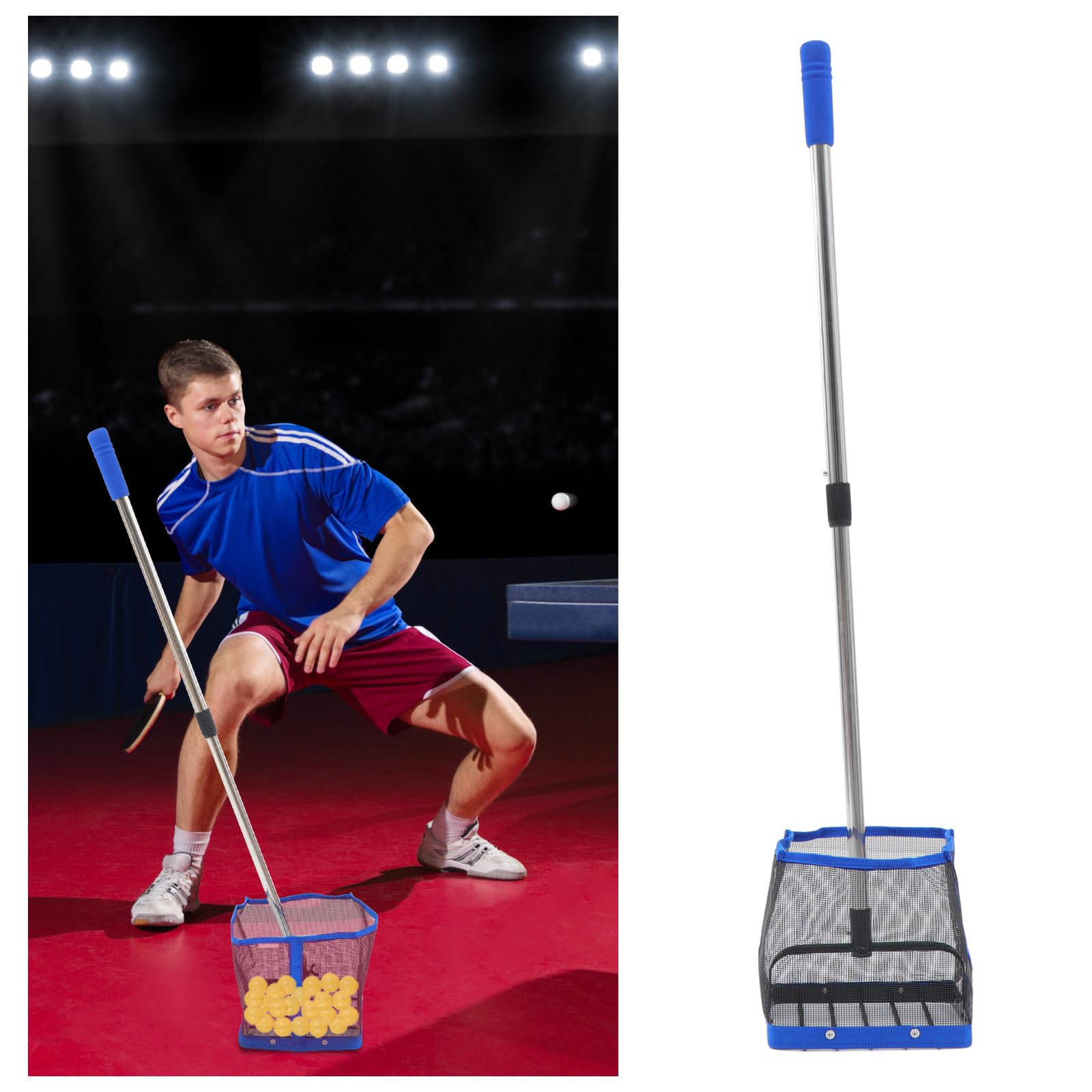 Recogedor de Balones de Tenis de Mesa Portátil Mango Telescópico, Soporte para Recoger Bolas Pequeñas, Herramienta Ligera para Entrenamiento y Competición, Color Azul, 1 Pieza