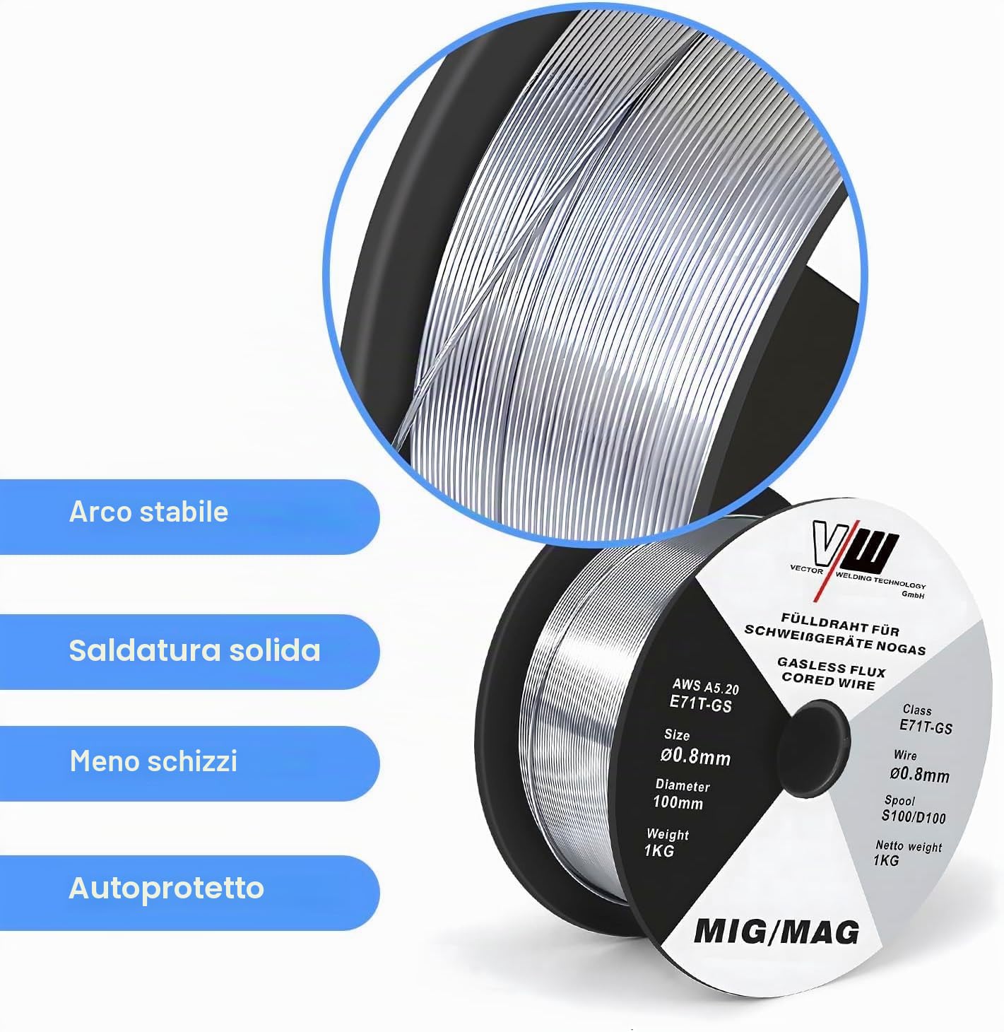 VECTOR WELDING Filo Animato E71T-GS 0,8mm 3KG Bobina MIG MAG D100 Saldatura Universale