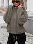 Famulily Women's Zip Up Fleece Cropped Y2K Jacket Sweaters Oversized Long Sleeve Clothes with Pockets Drawstring Hem
