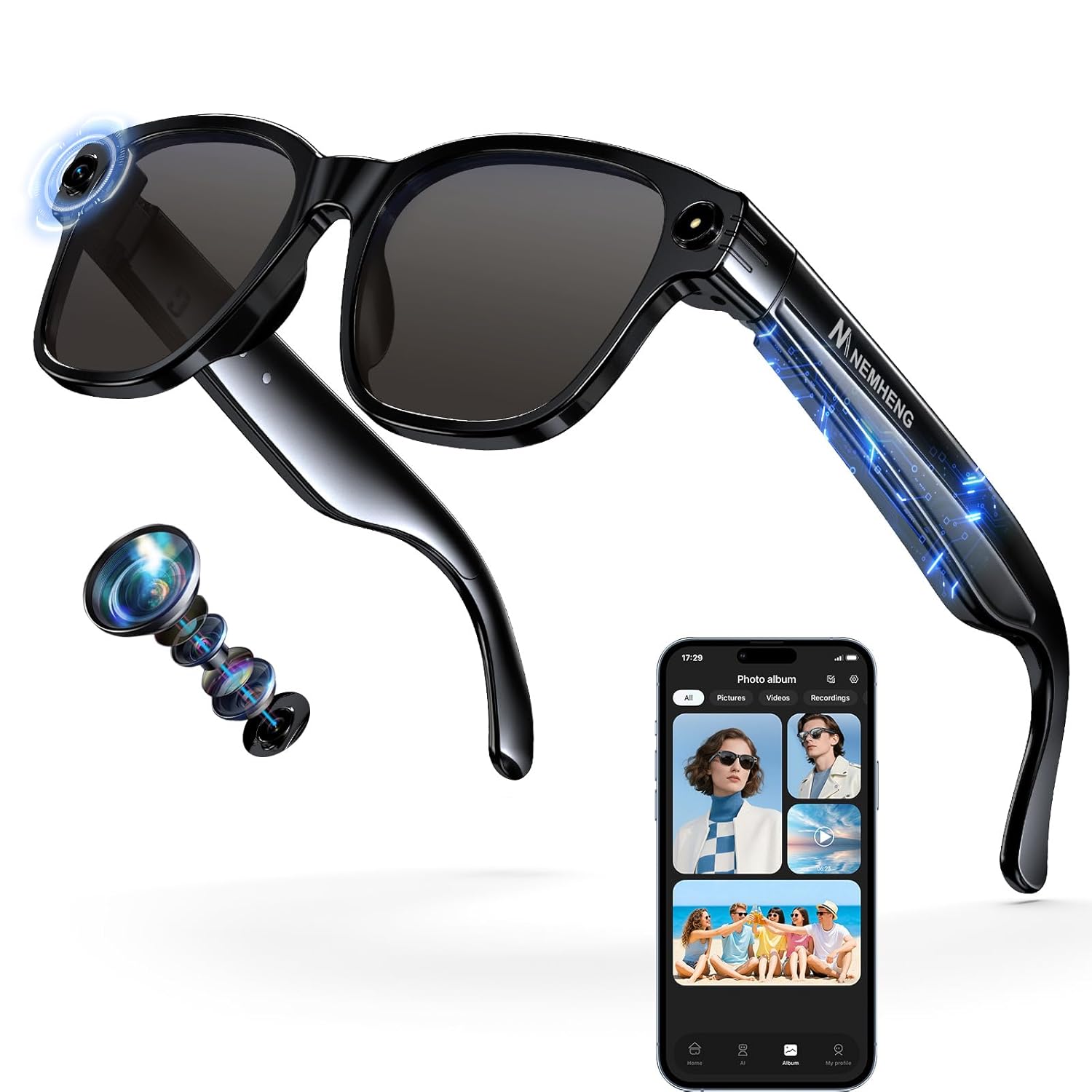 Nemheng AI Smart Glasses with 800mp Camera Real-Time Translation in 139 Languages 1200p Video Recording Open-Ear Audio Object