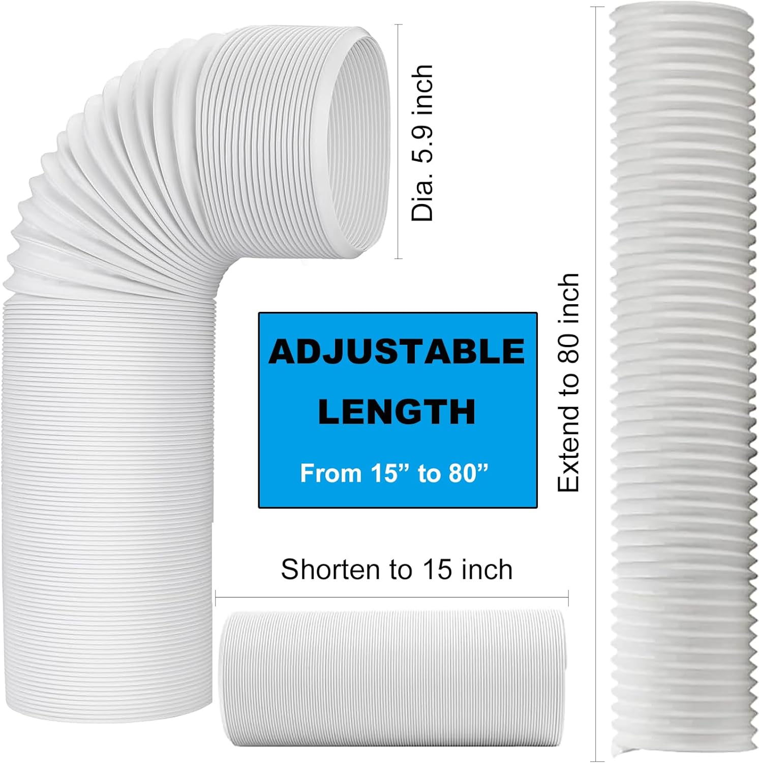 80" Length 5.9 Inch Diameter Portable Air Conditioner Hose Exhaust Vent AC Hose Counter-Clockwise Thread Tube Universal Replacement Compatible with Haier, LG, Delonghi and More