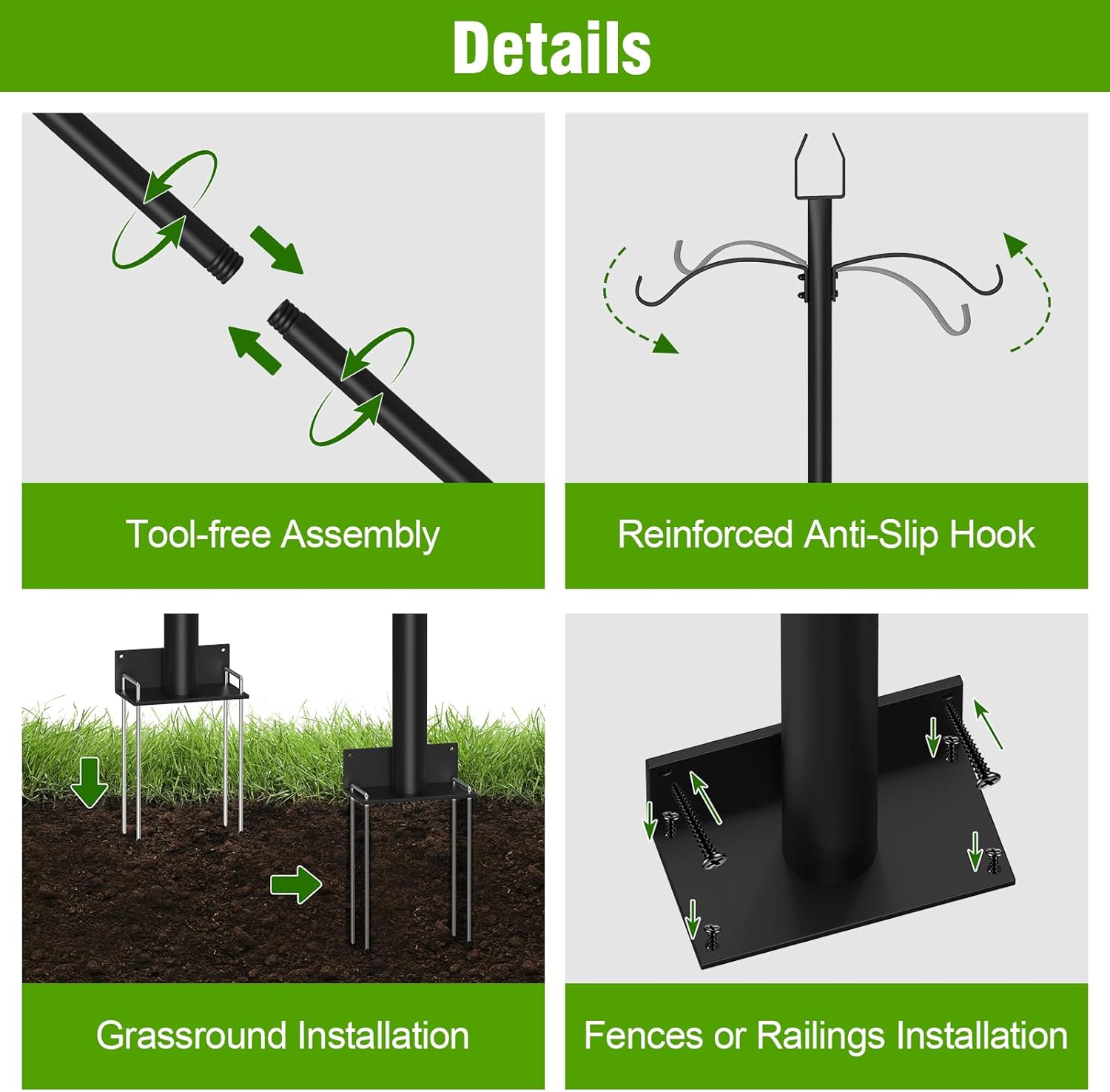 4 Pack String Light Poles, 9FT Outdoor Light Poles for String Lights with Shepherd Hooks for Bird Feeder, Heavy Duty Metal Poles for Patio Deck Decor, Adjustable Light Poles Outside for Plant Hanger