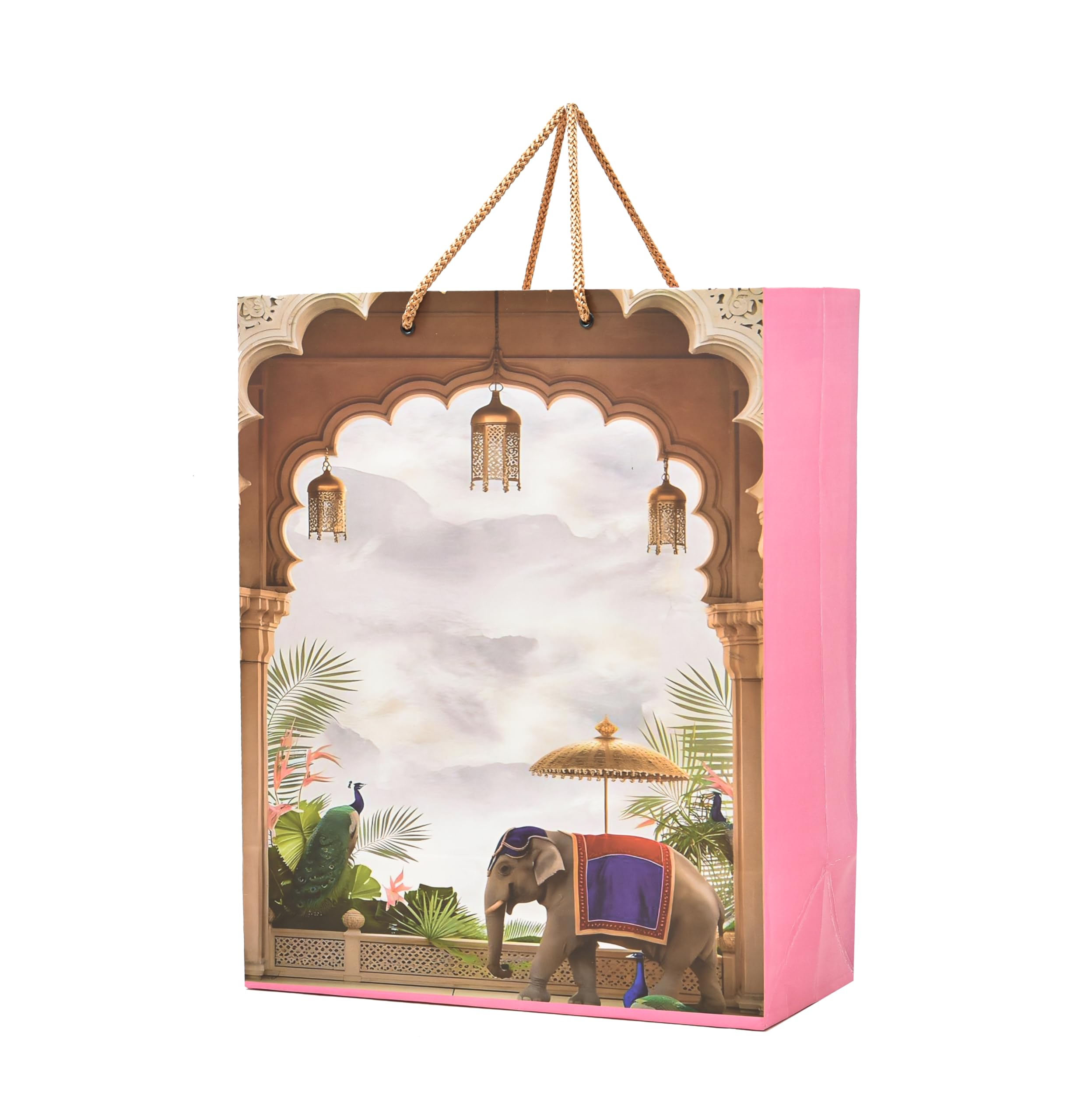 PPJ ® -PEACOCKS ELEPHANT (10 Pcs.) (WEDDING) 300 GSM PAPER CARRY BAG, 15 Inch X 12 Inch X 6 Inch (LARGE) for DEEWALI/WEDDING/FUNCTION/BIRTHDAY/RETURN GIFTS/CHRISTMAS/GIFT BAGS/GIFT COVERS (Pack of 10)